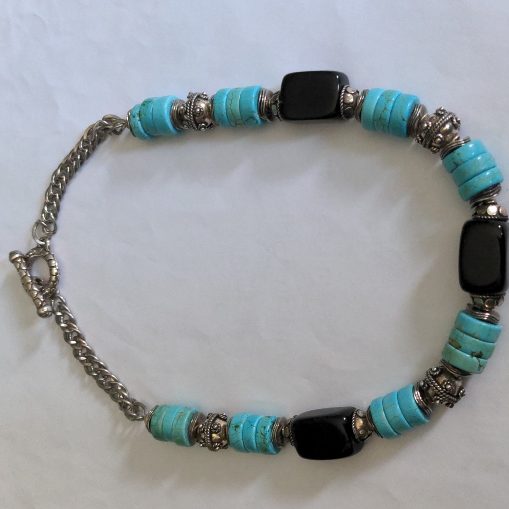 Turquoise & Black Chalcedony Necklace, Bali Silve Beads, 18" New, Handcrafted